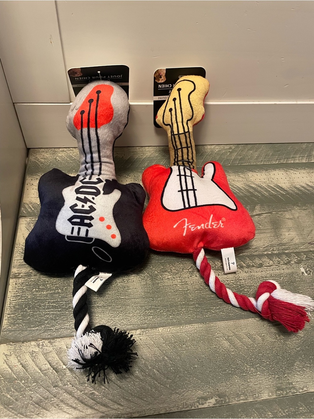 AC/DC and Fender Rock Guitar Plush Dog Toys Rope & Squeaker!